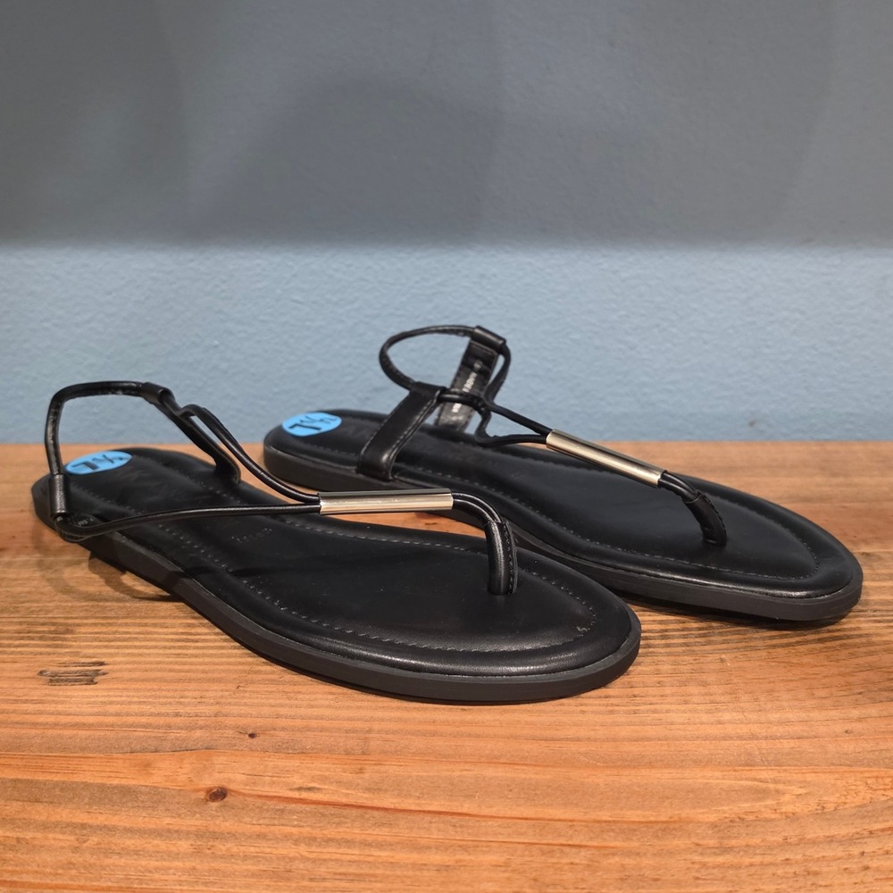 Anne Klein Womens Kyli T-Strap‎ Slingback Sandals Black Gold Bar 7.5M